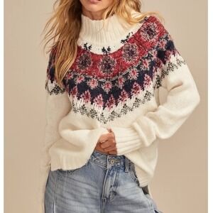 Lucky Brand Fair Isle Mock Turtleneck Sweater Women XS Cream Red Nordic Pullover